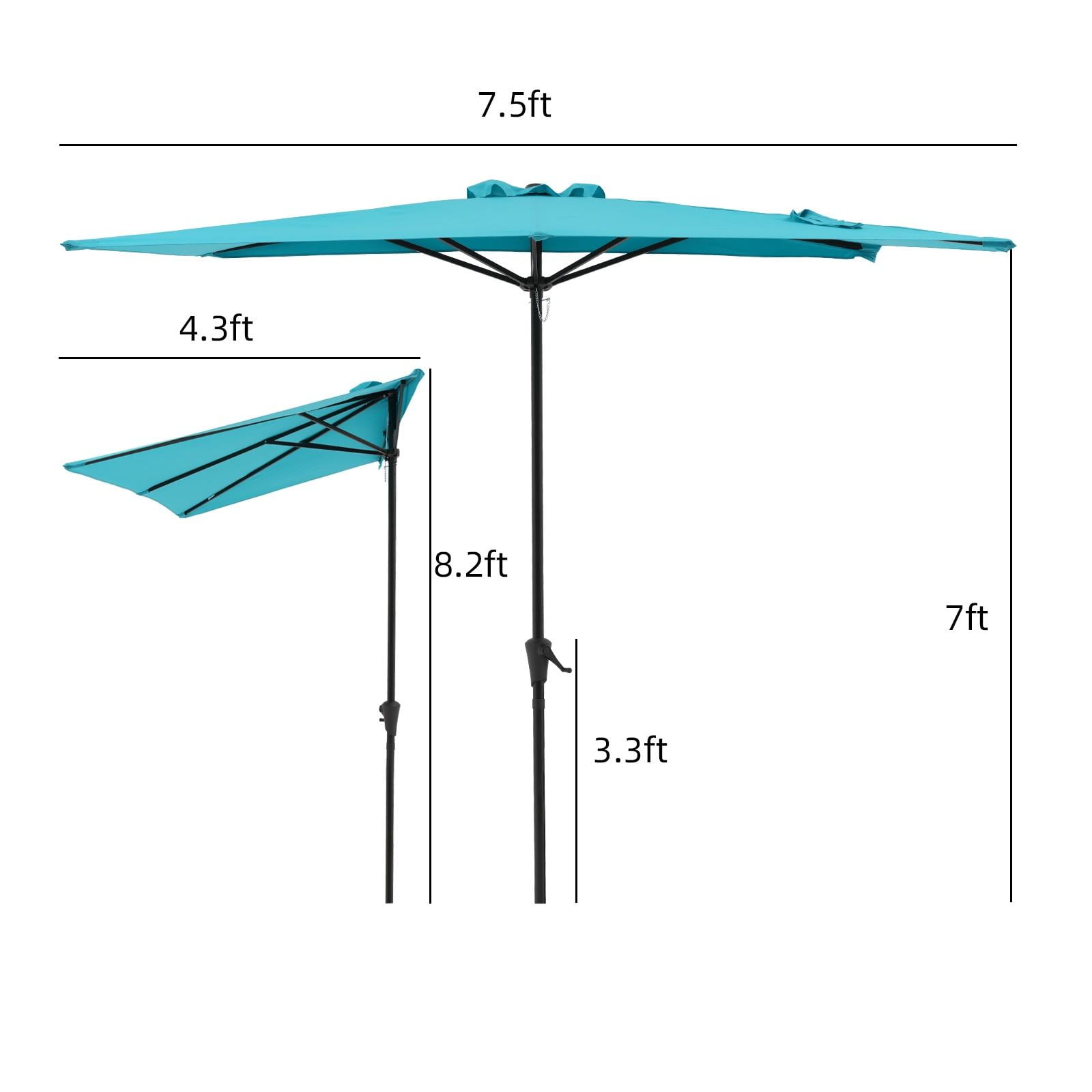Patio Umbrella 7.5’by 4’Half Rectangular Outdoor Umbrella with Crank, for Deck, Balcony, Garden or Terrace Shade, Turquoise