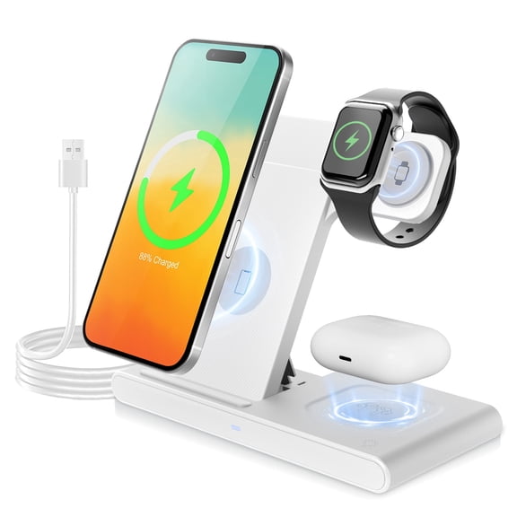 Wireless Charging Station: 3 in 1 Charger Stand Compatible With iPhone 17/16e/16/15/14/13/12/11,For Apple Watch 9/8/7/6/5/4/3/2/SE,For AirPods 3 5 Pro,White