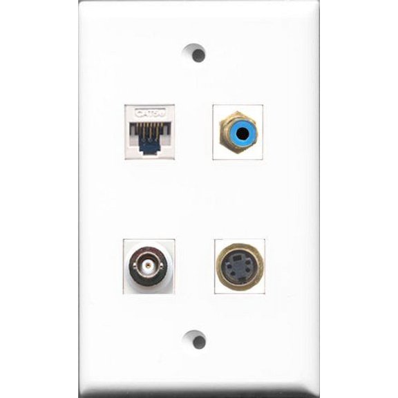 RiteAV 1 Port RCA Blue and 1 Port S-Video and 1 Port BNC and 1 Port Cat5e Ethernet White Wall Plate