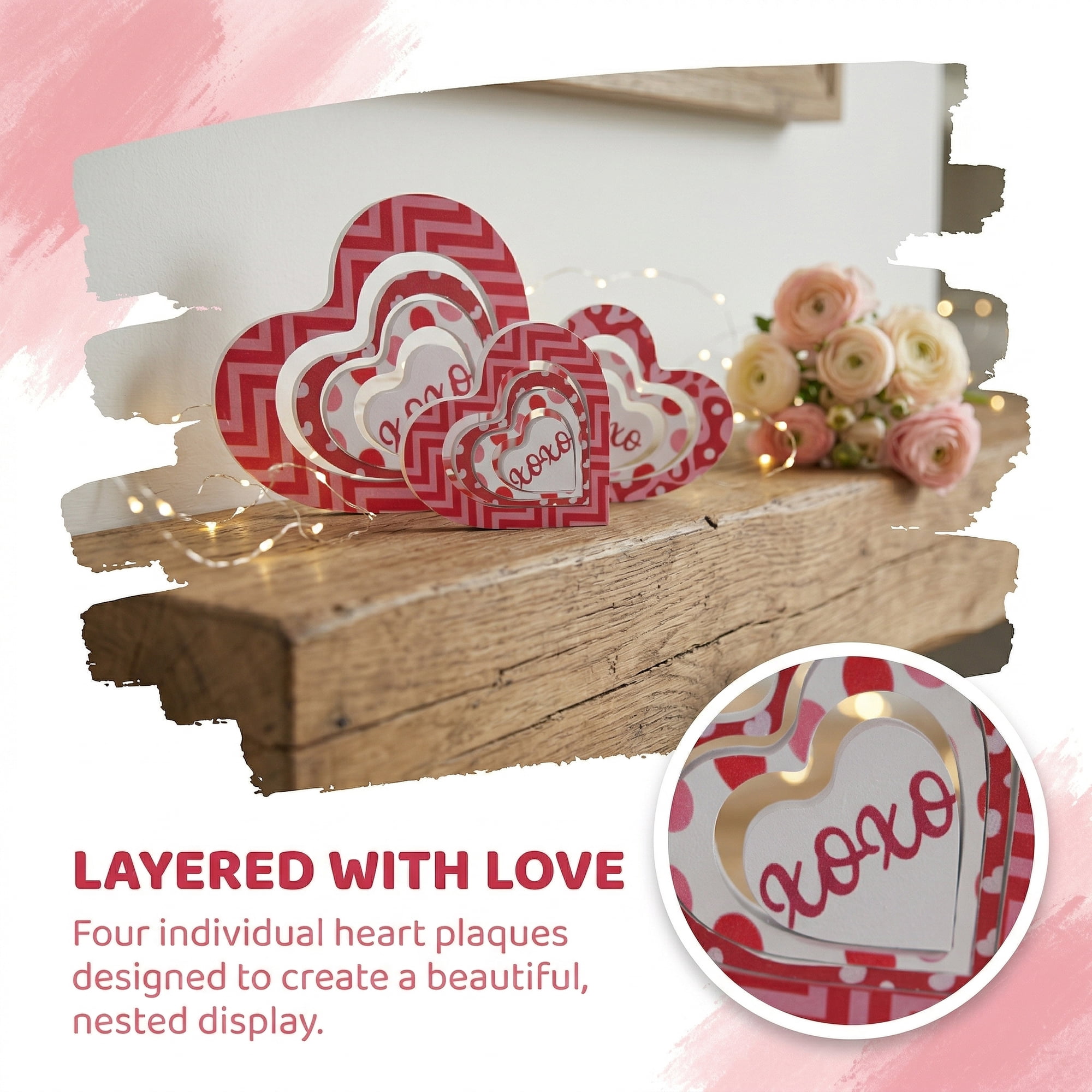 Unique Bargains Wooden Heart Table Decor Removable Stackable Heart Sign Style C 5.1in
