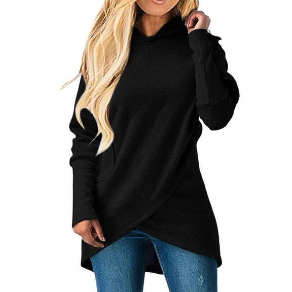 XFLWAM Women's Long Sleeve Hoodies Solid Color Asymmetric Hem Wrap Pullover Sweatshirt with Pocket Black XXL