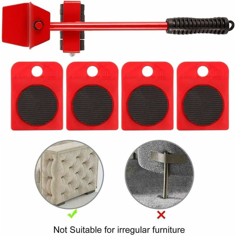 Effortless Heavy Furniture Moving Kit, Moves Furniture On Wheels, Furniture Lever And Trolley Kit, 1 Lifting Rod And 4 Moving Casters, Up To 400Kg