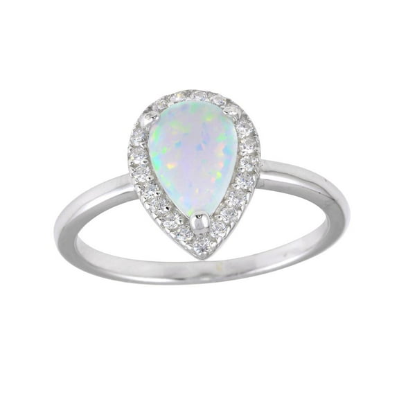 Pear White Synthetic Opal Clear CZ Simple Ring Sterling Silver Size 5