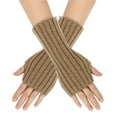 thumbnail image 2 of Women's Knit Fingerless Arm Gloves, Striped Pattern Sleeve Warmers, Cold Weather Arm Warmers, Thermal Half Finger Gloves, Stretchable Wrist to Elbow Warmth Covers Khaki, 2 of 5