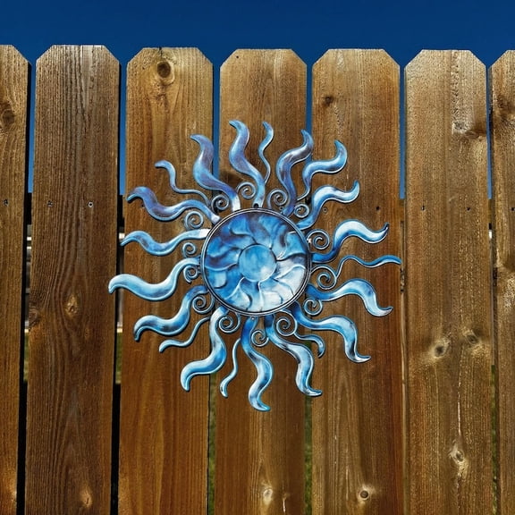 Blue Metal Sun Wall Art with Celestial Design, Decorative Wall Decor