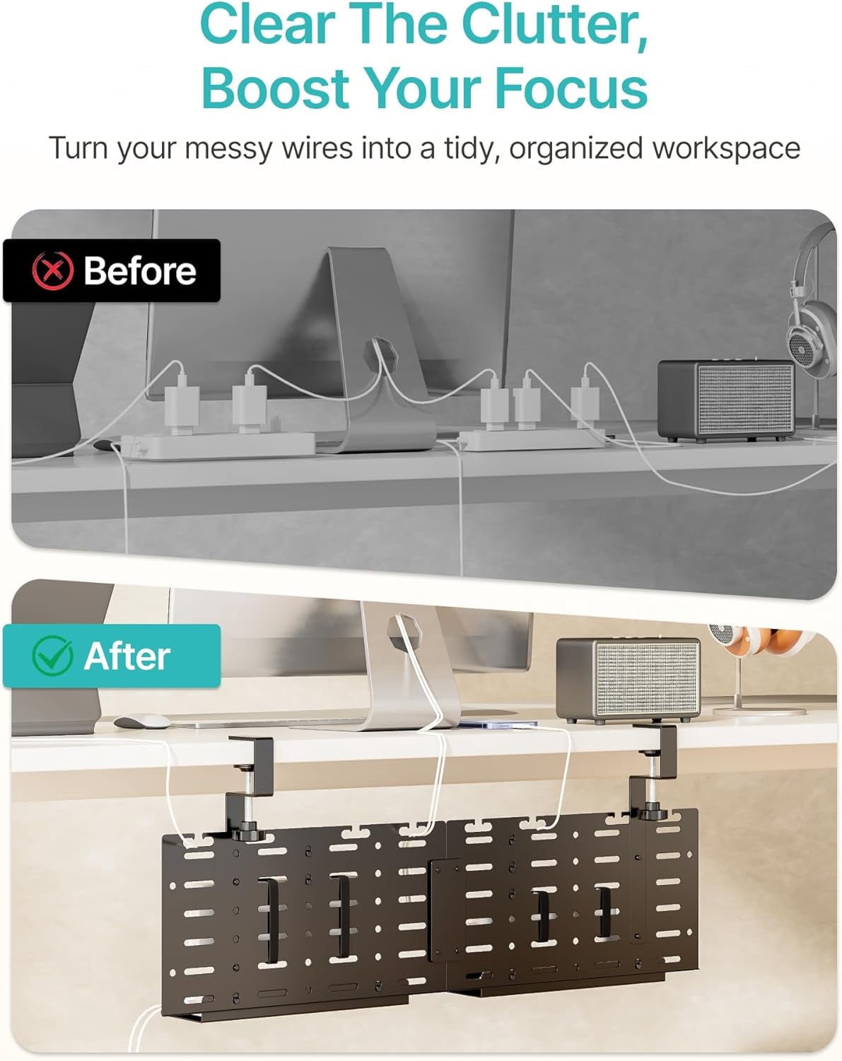 Under Desk Cable Management Tray, 30.2" Vertical Metal Pegboard Organizer for Power Strip, Cables, Clamp-On Cord Organizer Rack with Hooks, Trays & Cable Straps for Home Office, Black