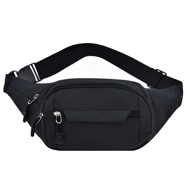 Riñonera de gran capacidad con múltiples bolsillos y cremallera suave, color negro, impermeable, para viajes y compras.