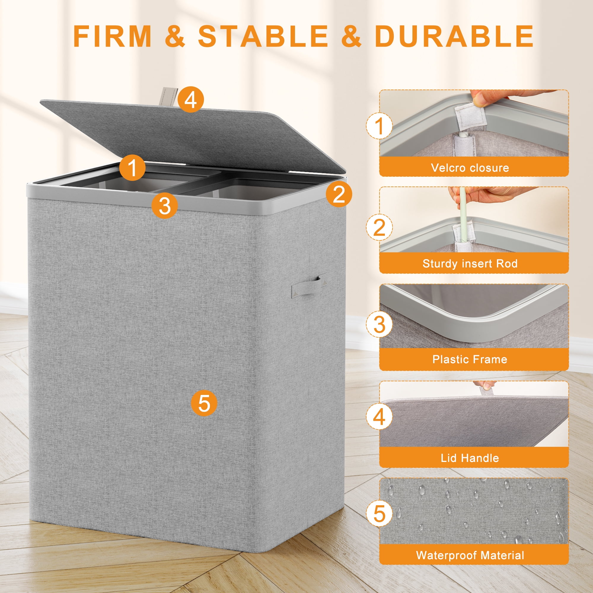 BGTREND 150L Double Laundry Hamper with Lid, 2 Removable Washing Bags with Handles, Large Clothes Sorter for Easy Separation (Gray)