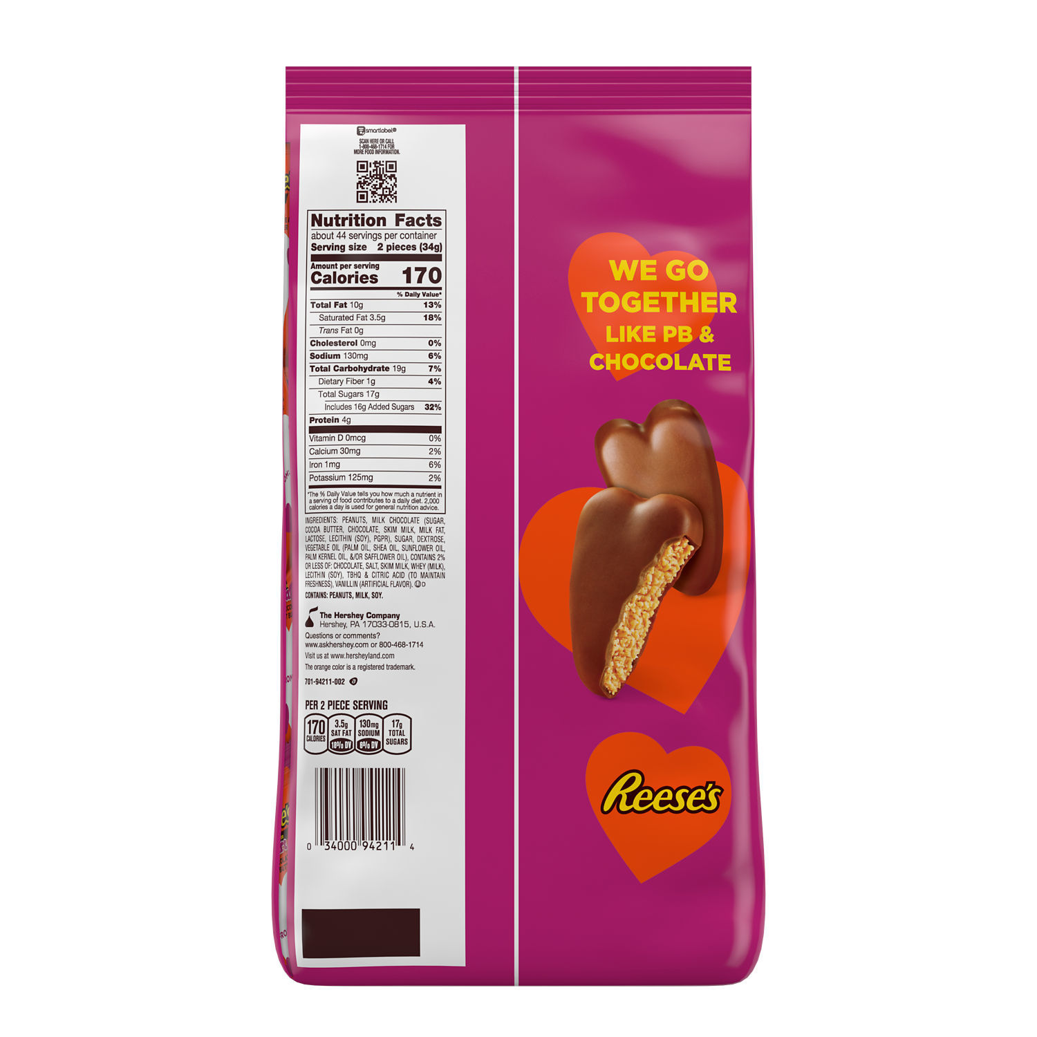 REESE'S, Milk Chocolate Peanut Butter Hearts Snack Size Candy, Valentine's Day, 52.2 oz, Bulk Bag (87 Pieces) - image 2 of 6