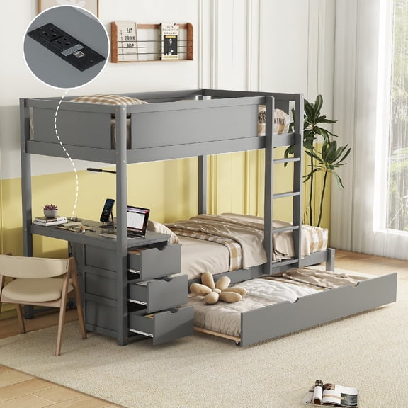 Twin-Over-Twin Size Bunk Bed Frame with Trundle and Power Outlet, Wood Bunk Bed Storage and build-in desk for Bedroom, Apartment, Mattress not included,No Box Spring Required, Gray