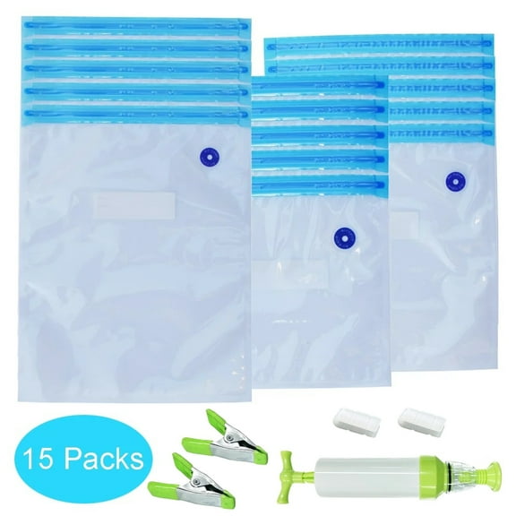 TETOU Sous Vide Bags Kit - 15Pack Reusable Vacuum Sealer Bags with Air Pump and 4 Clips for Food Storage Freezer Meal Prep