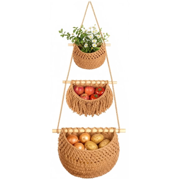 3 Tier Hanging Fruit Basket, Boho Wall Hanging Storage Baskets, Detachable Cotton Rope Organizer for Fruits & Vegetables, Wall Door Organizer for Kitchen, Bathroom, Bedroom, Brown