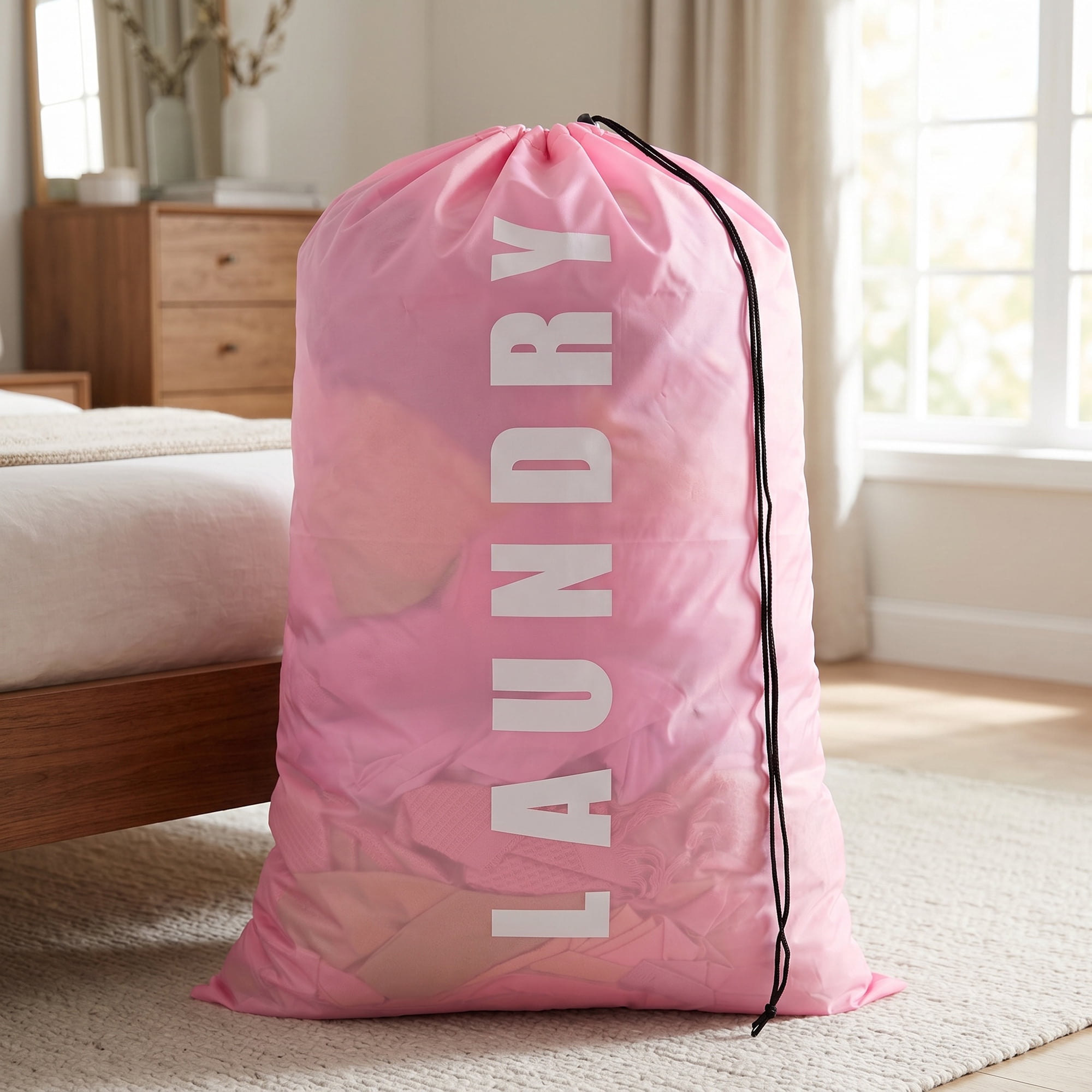 Unique Bargains 2Pcs Waterproof Wet Dry Travel Laundry Bag Pink-White 24" x 36.2"