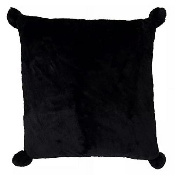 Fennco Styles Plush Faux Rabbit Fur Pom Pom Decorative Filled Throw Pillow 18" W x 18" L – Black Cushion for Couch, Bedroom, Living Room and Office Décor