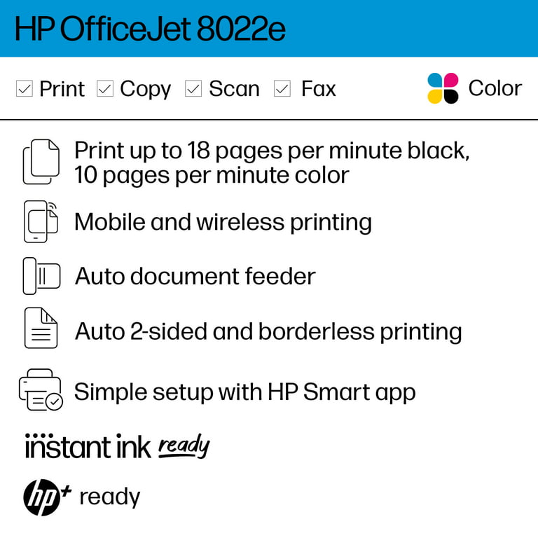 HP OfficeJet Pro Imprimante Tout-en-un HP 8022e, Couleur, Imprimante pour  Domicile, Impression, copie, scan, fax, HP+; Éligibilité HP Instant Ink;  Chargeur automatique de documents; Impression recto-verso