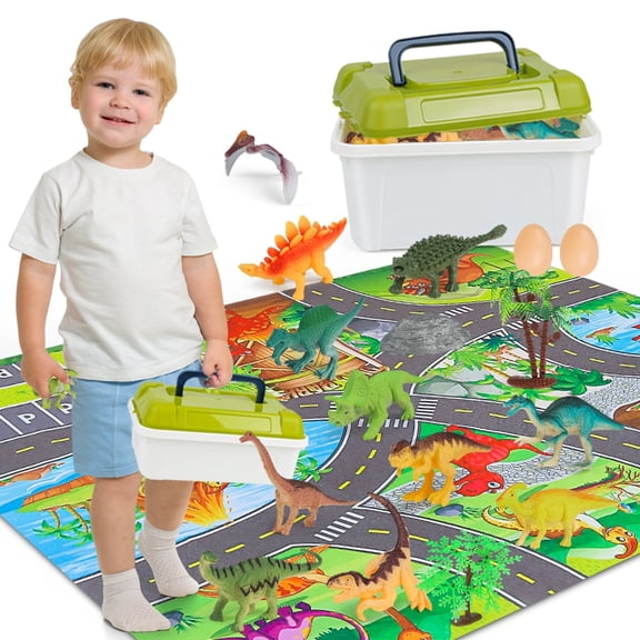 Dinosaur Toys for Kids 3-5, Dinosaurs Figures Doll with Play Mat and Trees, with Storage Box,Triceratops, Velociraptor, Halloween Gift for Boys and Girls 3 4 5 6 7