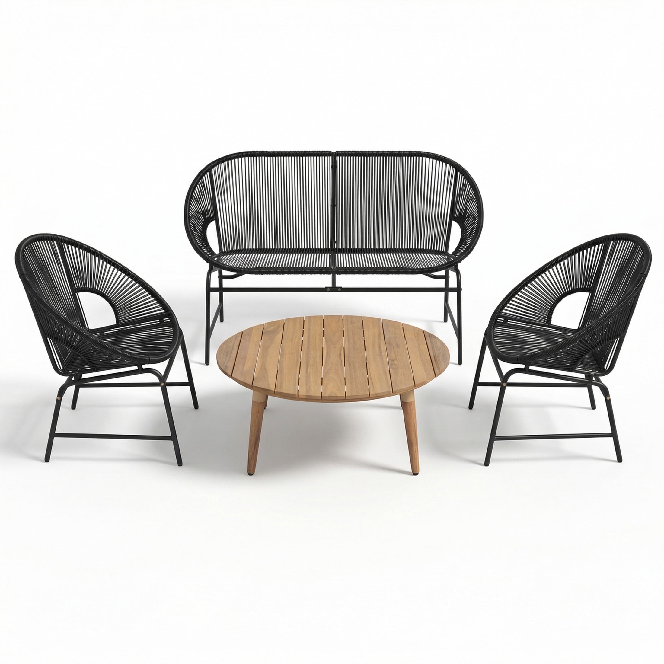 Christopher Knight Home 4-Piece Outdoor Chat Set, Rattan Loveseat, Chairs and Wood Coffee Table, Black