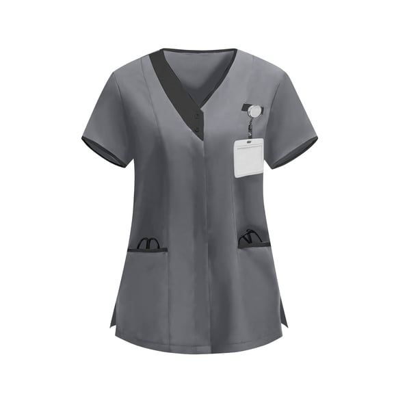 Busydd Scrub Tops Women Trendy Colorblock Short Sleeve Scrub Top Casual V Neck Button Women Scrubs with Pockets