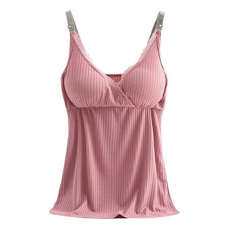 BRDFRL Nursing Cami Tank Tops for Breastfeeding Women with Built in Bra Sleeveless V Neck Camisole Soft Comfy Pregnant Shirts Watermelon Red 2XL