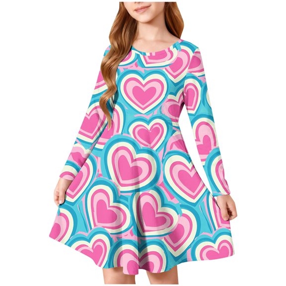 OGLCCG Girls Long Sleeve Stretchy Dress Hearts Prinetd Crewneck A line Twirly Skater Summer Lightweight School Party Dress 4-14 Years
