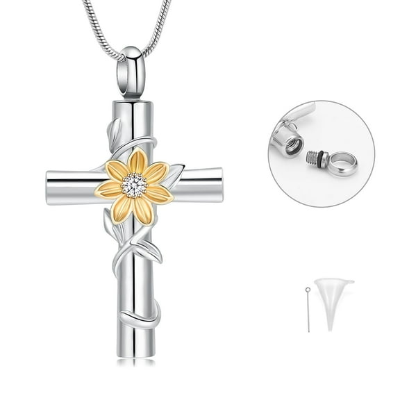 Cross Urn Necklace for Ashes Sunflower Cremation Jewelry with Funnel Filler Kit Ashes Necklace for Human / Pets