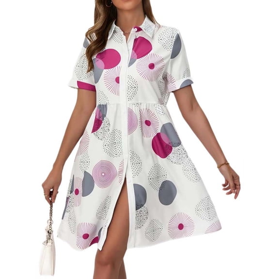 Iyufng Women Dresses for Summer Women's Short Sleeve Button Down Casual Printed Flowy A-Line Shirt Dress