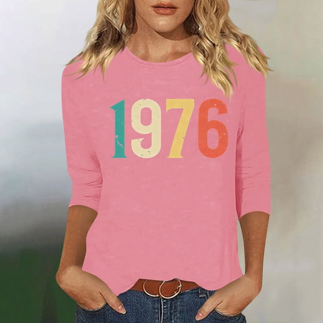 Uootdi Hauts pour Femmes Manches 3/4 Col Rond Imprimé Arc-en-Ciel Rétro 1976 Coupe Décontractée T-Shirts Nostalgiques d'Été Cadeau