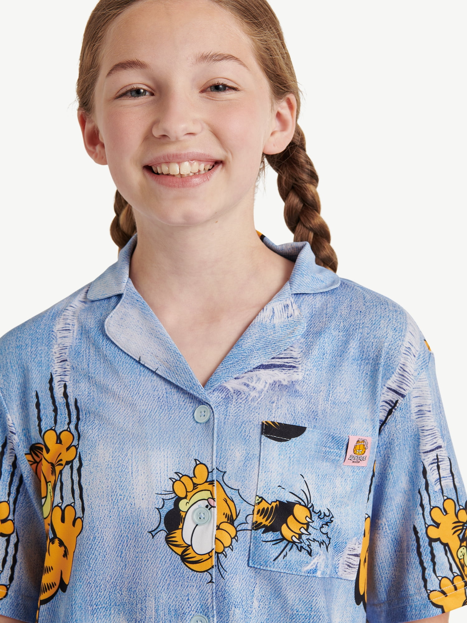 Justice Girls Short Sleeve Button Top with Pant Pajama 2-Piece Set, Sizes 5 to 18