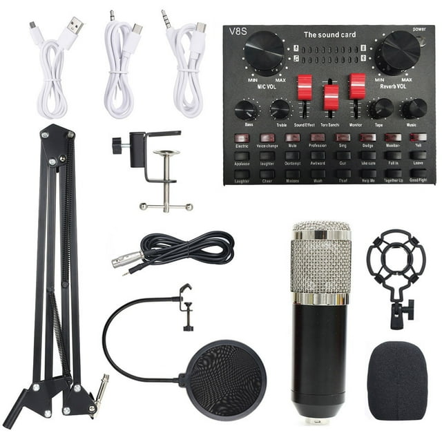 Graflsoa V8S Professional Live Sound Card Kit with High-Sensitivity Microphone for Streaming, Recording, and KTV - Black & Silver Metal Design