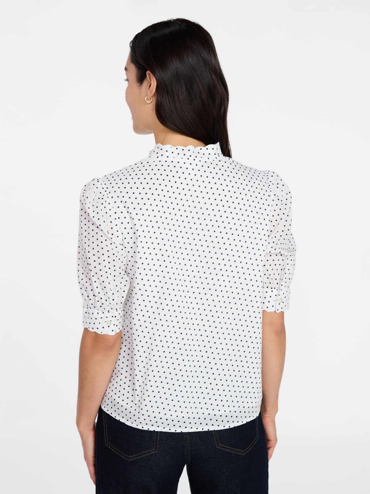 Time and Tru Women's Scallop Trim Cotton Button Down Shirt with Short Sleeves, Sizes XS – XXXL