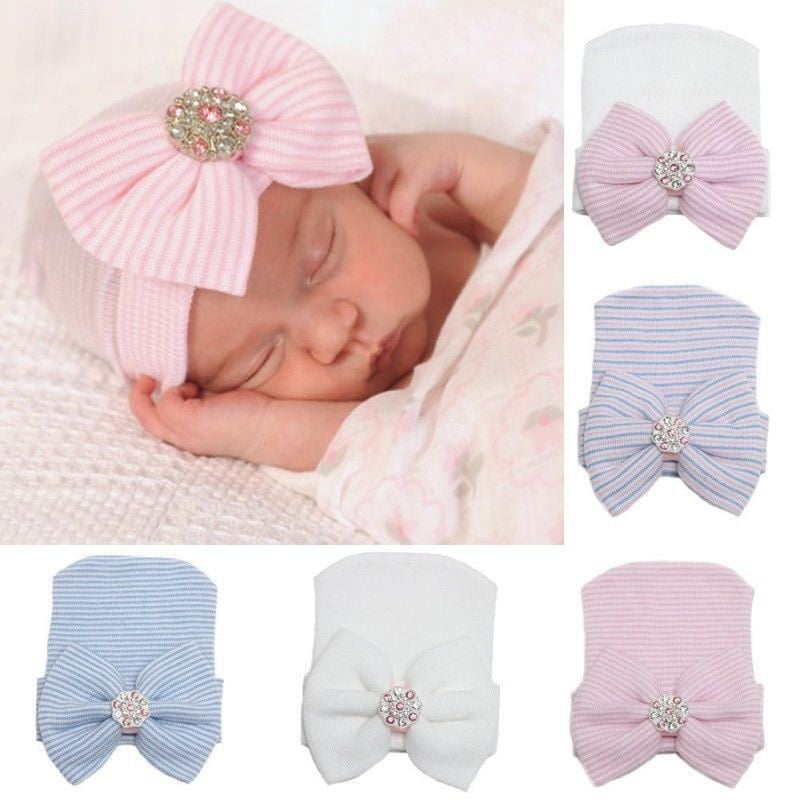 Months Knitted Baby Infant Soft Stripe Big Bowknot Cap Floral Newborn Baby Hat