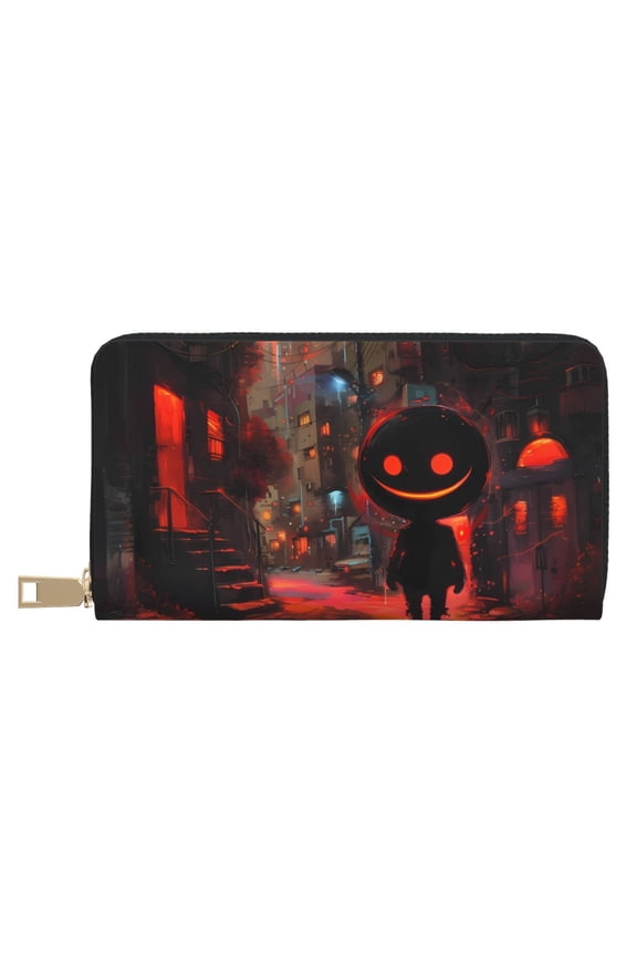 Leather Thin Slim Wallets for Women Men - Halloween Sunset Ghost Clutch Card Wallet for Women Men with Zipper