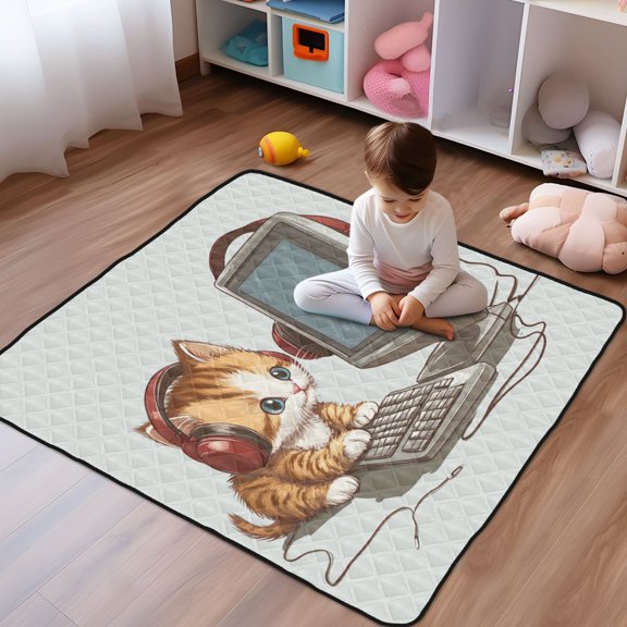 WOBOGO Kittens Play Computer Baby Playmats Extra Large Waterproof Rollable Activity Pads for Toddlers 50×50inch
