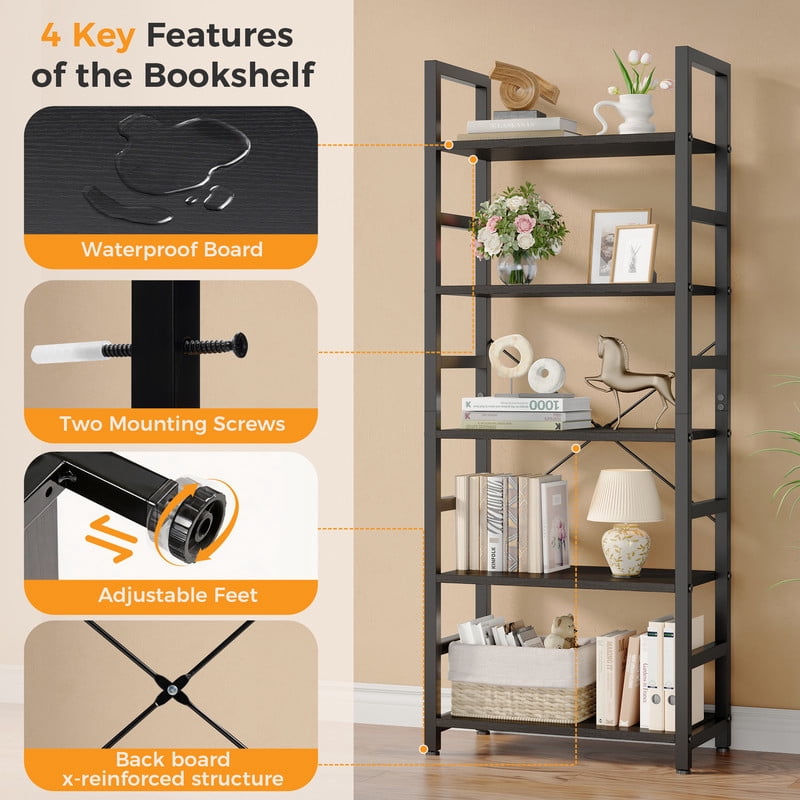 Gianna 5 Tier Bookshelf, Free Standing Shelf, Bookcase Shelf Storage Organizer, Industrial Book Shelves for Home Office, Living Room, Kitchen, Black