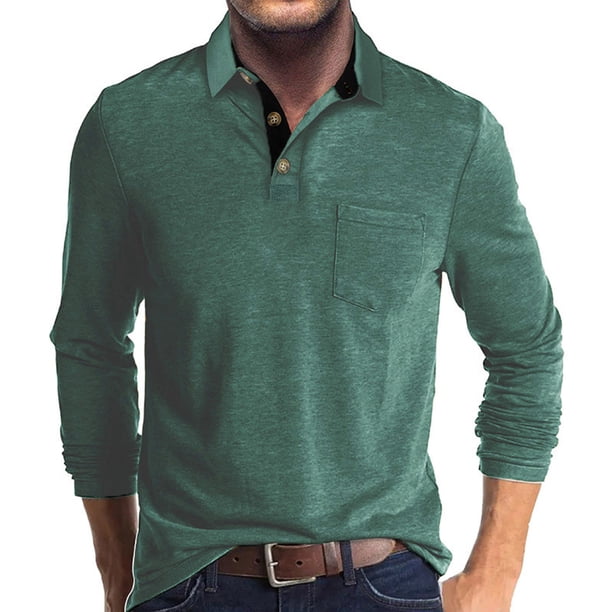 pstuiky camisa de manga larga para hombre, Blusa/camisa informal y de moda para hombre, de color liso, con cuello vuelto y bolsillos camisetas de hombre s