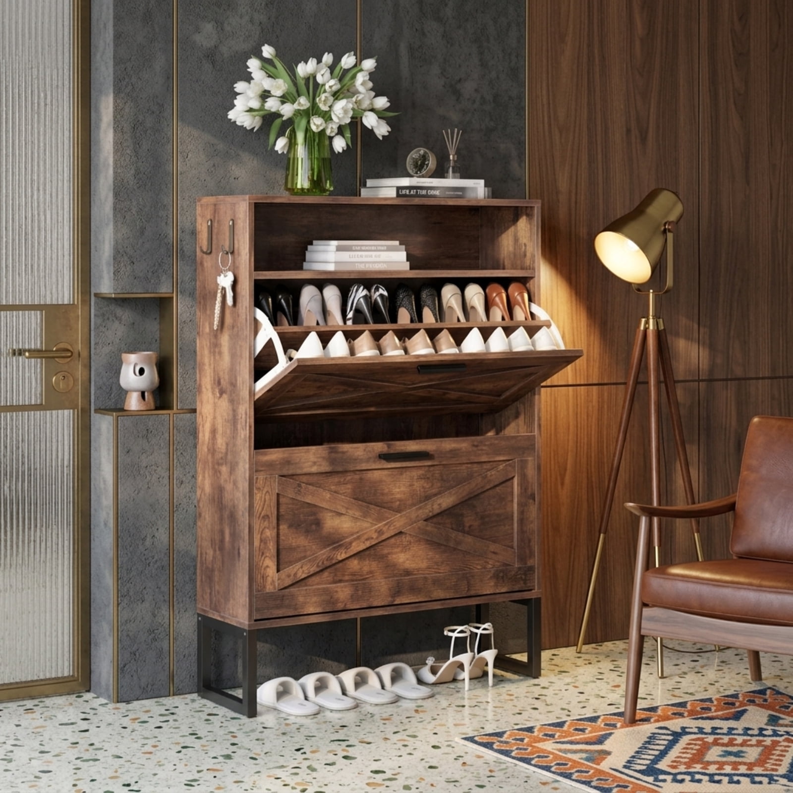 Fenbeli Shoe Cabinet with 5 Flip Doors, Slim Burnt Wood Storage Organizer with Adjustable Shelves, Freestanding Entryway Cabinet for Hallway Bedroom and Closet