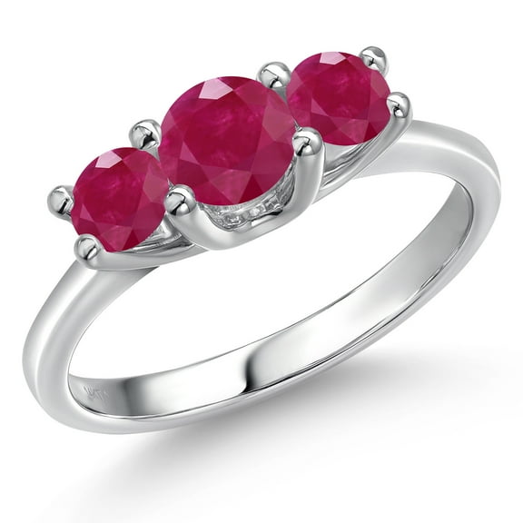 Gem Stone King 14K White Gold Red Ruby 3-Stone Engagement Ring | 1.25 Cttw | Round 5MM and 4MM | Three Stone Wedding Anniversary Promise Ring for Women (Size 6)