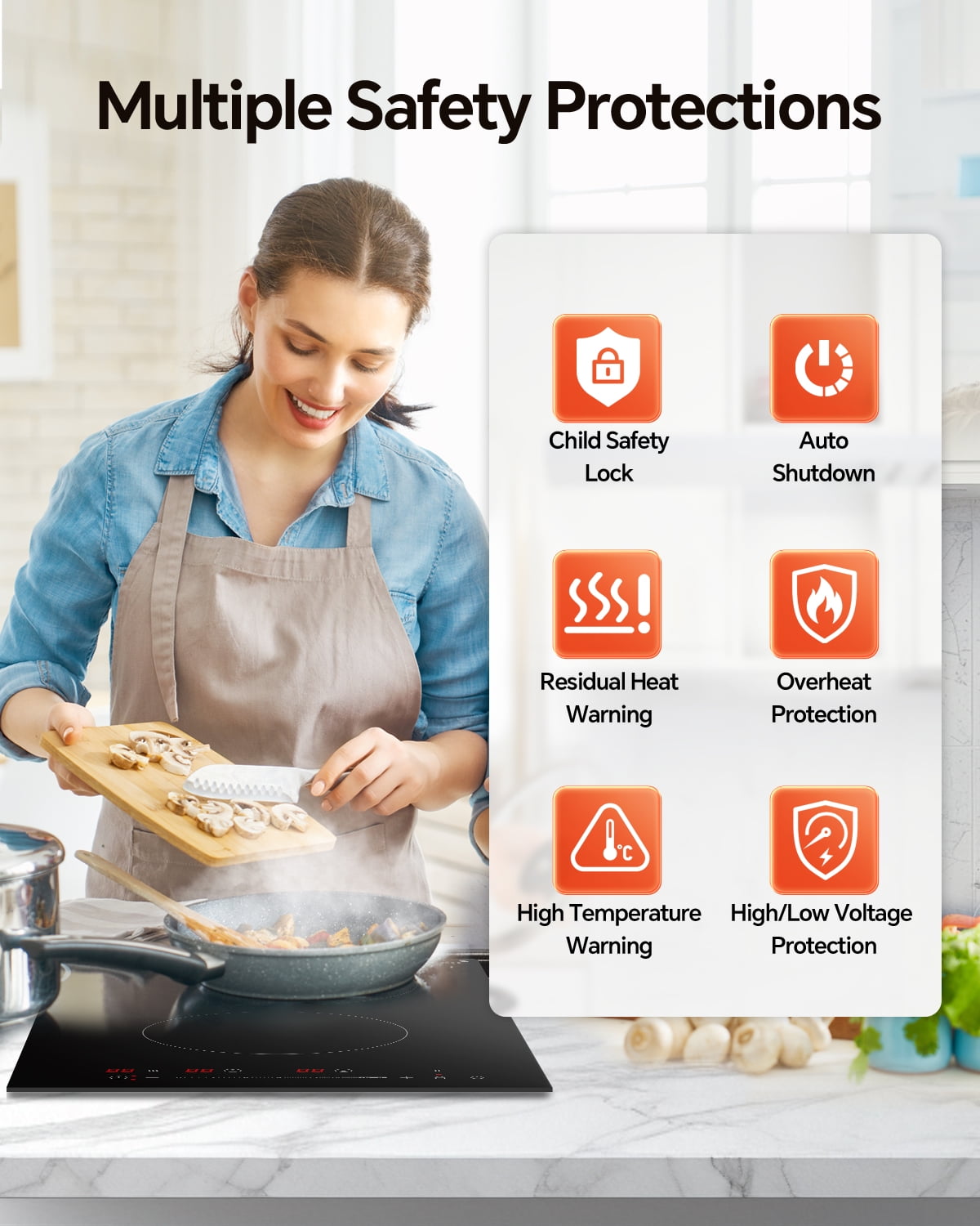 Electric Cooktop with 2 Burners, 12 inch 3000W 240V Ceramic Panel Electric Cooktop, Multiple Safety Protections Stove, Touch Screen