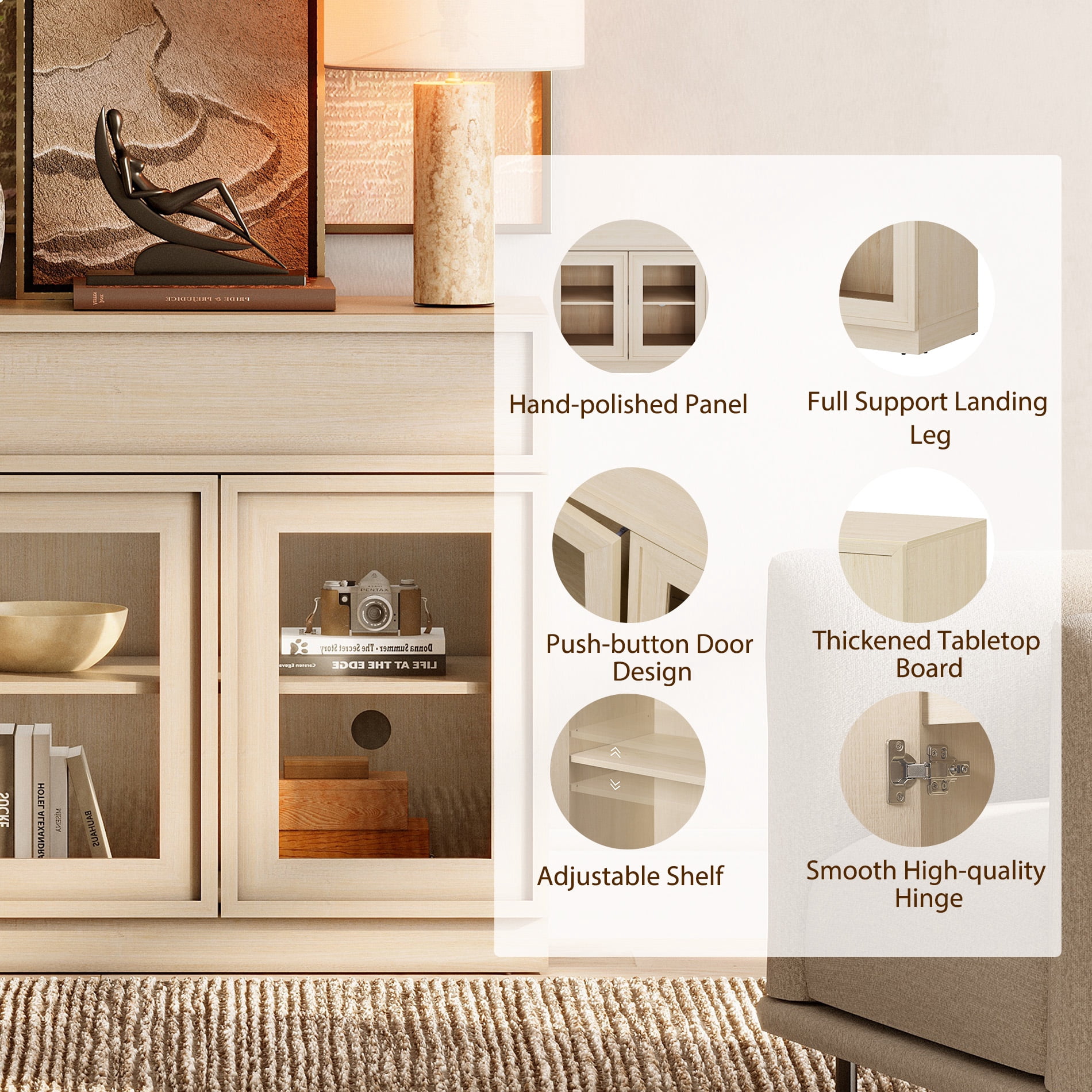 WAMPAT Modern TV Stand for TVs Up to 40", Wooden Entertainment Center TV Console with 4 Glass Doors and Drawers, Media Console Cabinet with Adjustable Shelf for Living Room, Bedroom, Beige