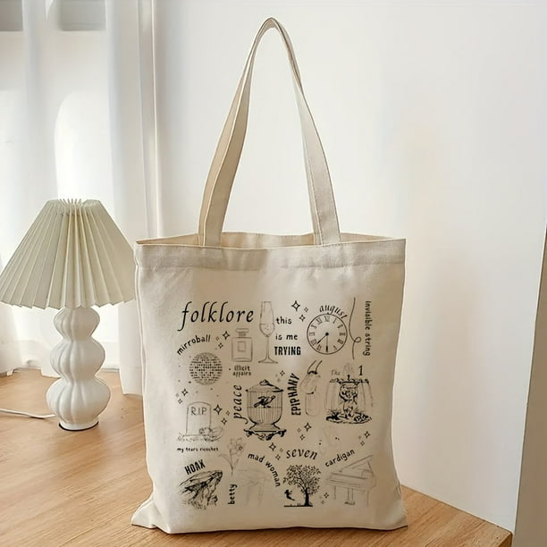 Folklore Pattern Canvas Shopping Bag Eco Friendly Portable Shoulder Bag Fashion Large Capacity Tote Bag