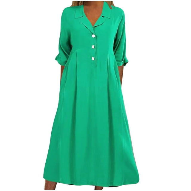 Pisexur Robes d'Automne pour Femmes 2024 Col Rabattu Manches 1/2 Robe Maxi Mode Élégante Couleur Unie Robes de Retour à la Maison Décontractées Fluides Col en V Boutonnée Robe de Cocktail