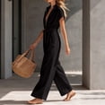 thumbnail image 4 of Women's Resort Jumpsuit, Casual Loose Wide Leg With Zip-Up Front & Stand Collar, Short Sleeve Vacation One-Piece With Belt Black L, 4 of 5