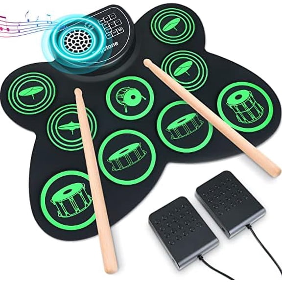 Electronic Drum Set, Roll Up Drum Practice Kids Drum Set with Dual Stereo Speaker, MIDI, Foot Pedals, Drum Sticks, Ideal Electric Drumset Toy Gifts (Green (Dual Speaker))$$Musical Instruments