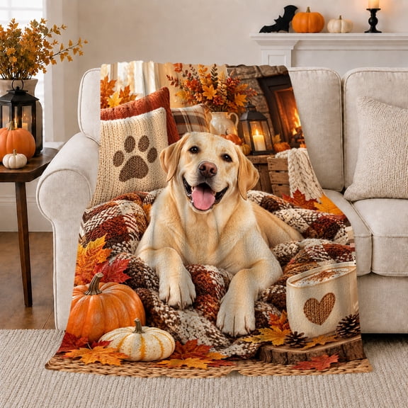 Autumn Labrador Retriever By Fireplace, Cozy Pet Portrait Pattern, Warm Flannel Blanket for Living Room and Bedroom, Dog Lovers Thanksgiving Gift, Pet Lover Home Decor