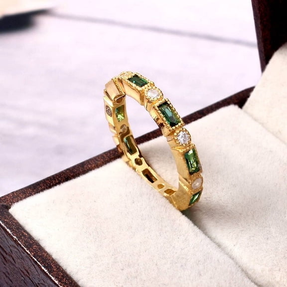 Emerald Band Baguette Shape 925 Sterling Silver Green Gemstone Band Handmade Ring Full Eternity Ring Personalised Ring Gift For Womens.