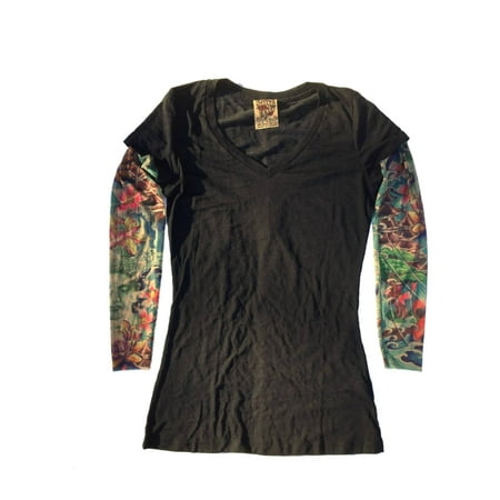 - Wild Rose Ladies Burnout T Shirt, Prayer Tattoo Sleeves, Black