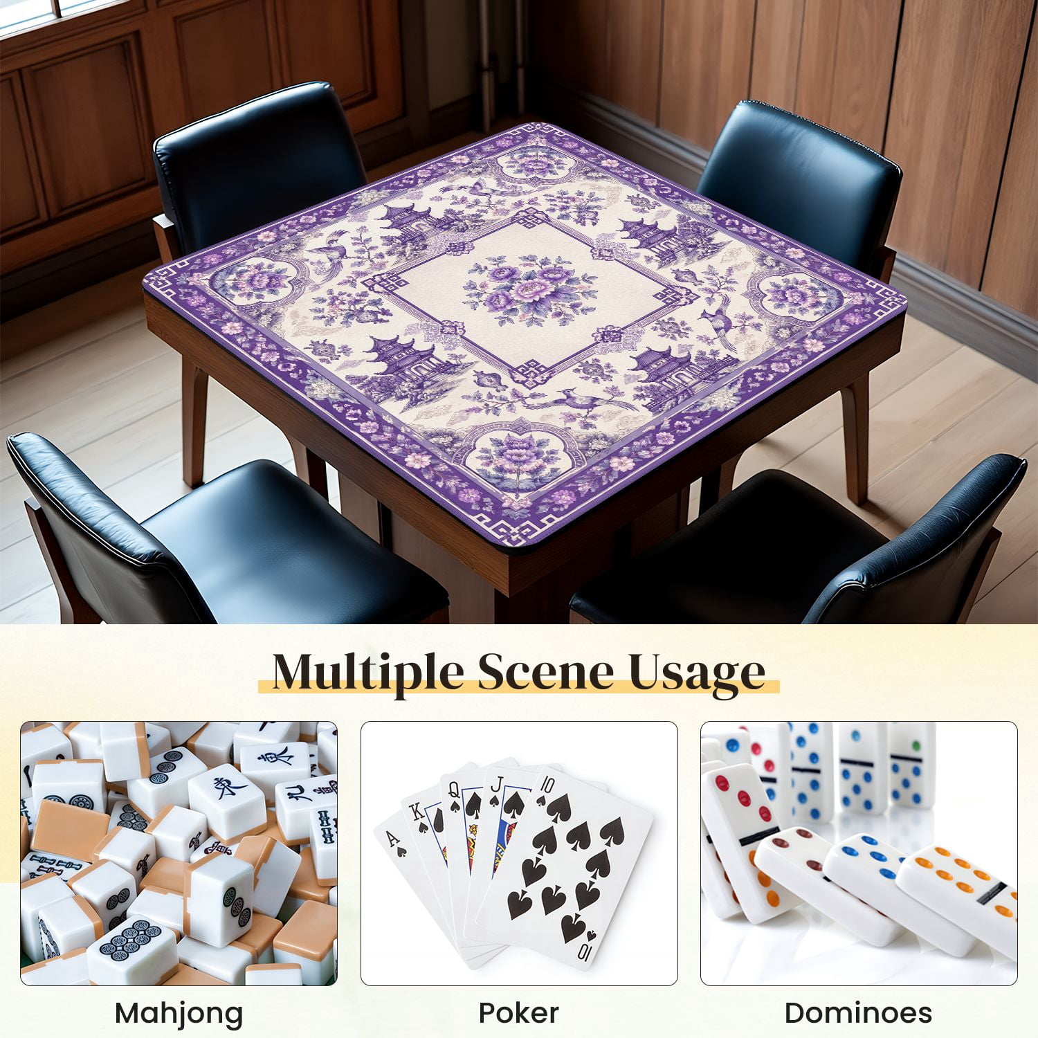 Mahjong Mat 31.5" x 31.5" Purple Floral Oriental Pagodas Birds Decorative Borders Non-Slip Noise Reduction Mahjong Tiles Table Cover for Dominoes Poker Card Board and Tile Games