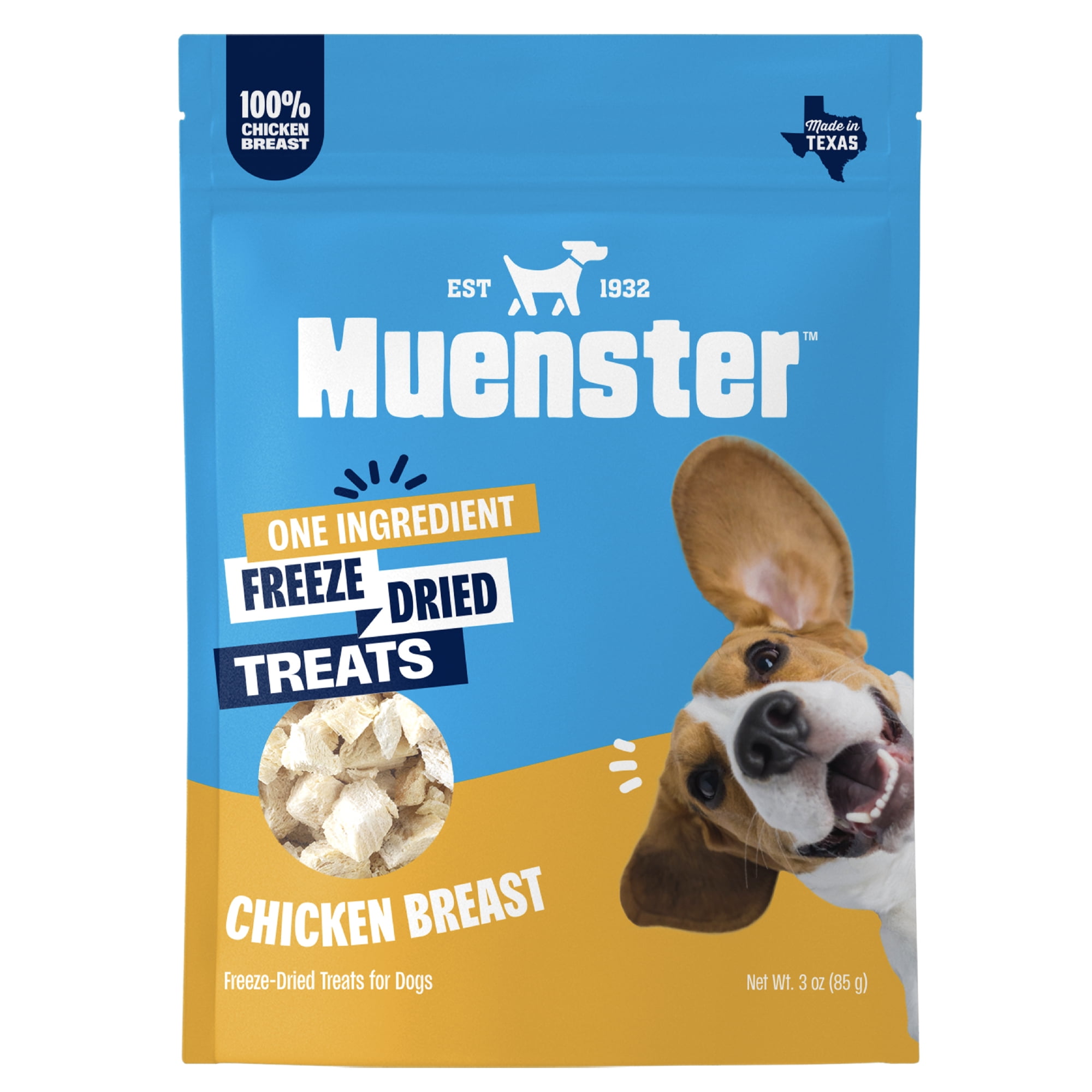 Muenster Freeze-Dried Chicken Breast Dog Treats, Single Ingredient High-Protein Dog Snacks, Grain-Free Training Treats, 3 oz Resealable Pouch