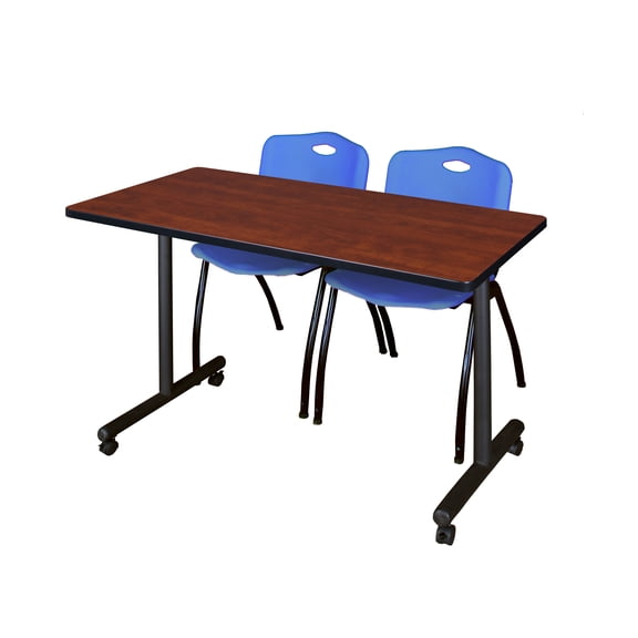 Romig Axis-Pro 48 x 24 in. Mobile T-Base Training Table- Cherry, 2 M Stack Chairs- Blue