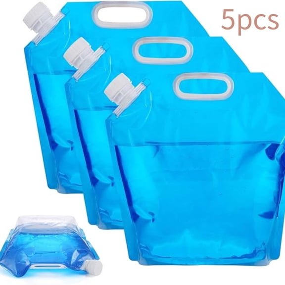 OFEFE 5-Pack Collapsible Water Tank Container Bags - 5 Liter BPA Free Outdoor Folding Water Storage for Camping, Hiking, Emergency Preparedness, Cooler Ice Packs